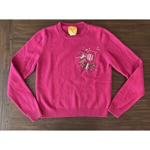 Le Lion Sweater Women’s XS Merino Wool Pink Crew Sequined Embroided BEE Spellout